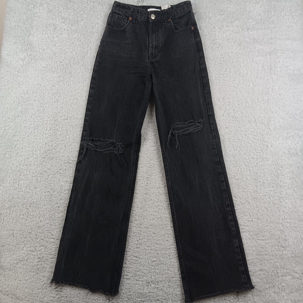 Zara Jean Wide Leg Woman 2‎ Black Distressed Raw Hem 6688/227/800